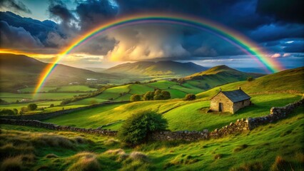 Fototapeta premium Low light reveals an ethereal Irish rainbow, a mystical Emerald Isle night scene, breathtakingly beautiful.