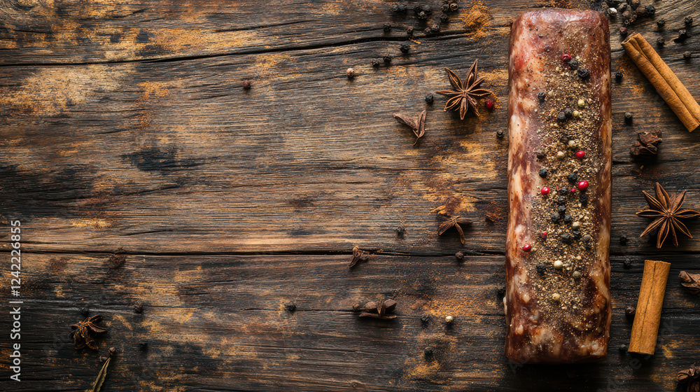 Poster piece of meat on wooden table, surrounded by various spices and herbs, creating rustic and appetizin