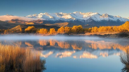 serene alpine lake reflecting snow-capped peaks at sunrise, misty valleys below, rich autumn colors in foreground vegetation, panoramic composition