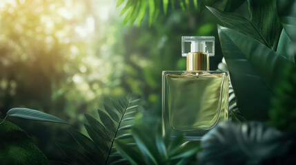 nature inspired perfume bottle surrounded by lush greenery, showcasing elegance and freshness in vibrant setting. sunlight filters through leaves, enhancing serene atmosphere