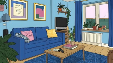 Refined and minimalist contemporary living room setup featuring a simple yet elegant design with framed artwork on the walls and lush plants adding a touch of natural charm to the space