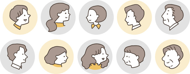 大人の男女横向きの顔だけアイコンセット枠付き単色