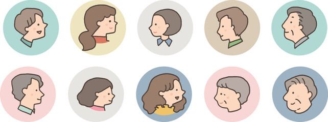 大人の男女横向きの顔だけアイコンセット枠付き