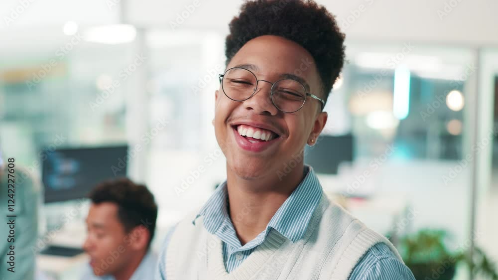 Aufkleber Happy man, software developer and glasses with pride for app development, design or programming at office. Portrait, male person or web designer with smile for UI, UX or online testing at workplace