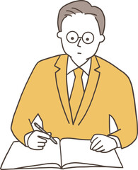 ノートにメモを取るスーツ姿の男性単色