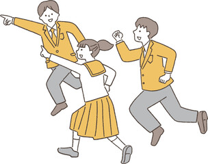 元気よく走っていく学生服の男女単色