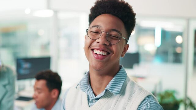 Happy man, software developer and glasses with pride for app development, design or programming at office. Portrait, male person or web designer with smile for UI, UX or online testing at workplace