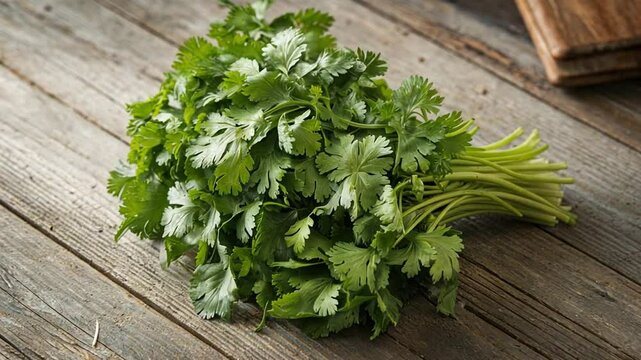 Fresh, vibrant green cilantro leaves with delicate texture arranged on a rustic table.