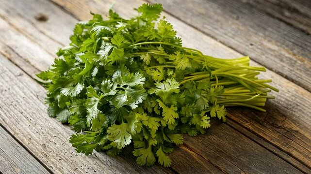 Fresh, vibrant green cilantro leaves with delicate texture arranged on a rustic table.