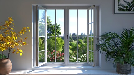 Open window with a view of green trees