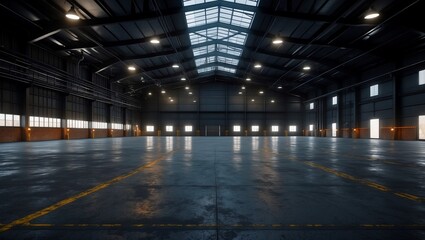 Obraz premium Expansive dark warehouse interior with ambient lighting