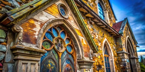 Obraz premium Magnified textures of an old church: stone, wood, glassâ€”a captivating journey into ancient craftsmanship.