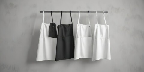 Monochrome aprons with adjustable straps hanging on a white hook, culinary equipment, kitchen accessories