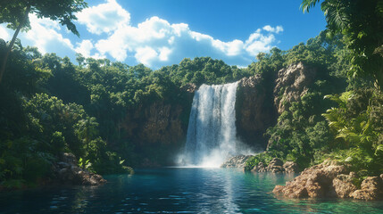 Fototapeta premium Jungle Waterfall Paradise: Lush greenery surrounds a majestic waterfall cascading into a tranquil turquoise lagoon, bathed in the soft glow of a sun-drenched sky.