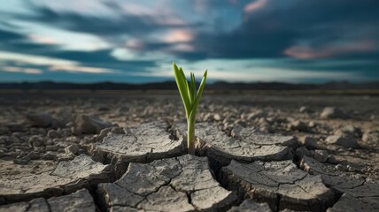 A resilient green shoot emerges from a cracked, dry soil, symbolizing hope and renewal in a desolate landscape.