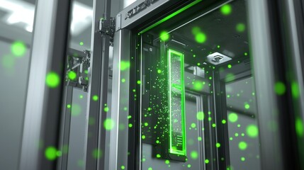 An angled closeup of protective shielding around the system highlighting safety features like automated door sensors and emergency stop buttons designed to ensure user safety and prevent