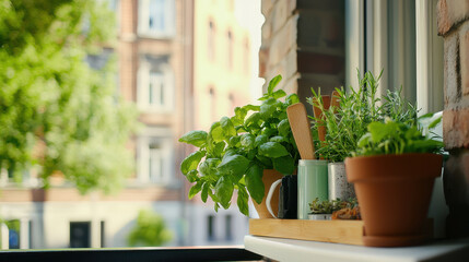 Fresh herbs and gardening tools on city balcony, showcasing greenery and urban life