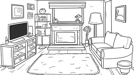 Stylish monochrome sketch depicting a modern minimalist interior space with symmetrically arranged furniture and decor elements  The clean crisp lines and monochromatic palette create a sophisticated