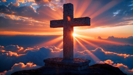 Heavenly cross illuminated by sunset and light rays