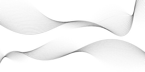 Flowing dots particles wave pattern halftone gradient curve shape isolated on white background. Vector in concept of technology, science, music background