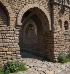 Obraz premium Narrow stone wall with arches and battlements, narrow, stone