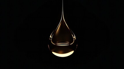 A single, glistening oil drop rests on a smooth black background, creating a visually captivating scene. The unique shape and texture of the oil drop stand out against the dark backdrop, drawing atten