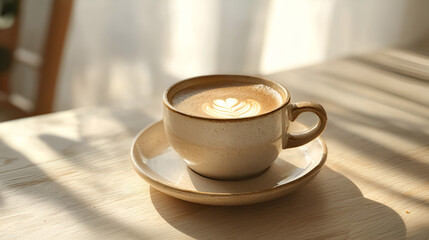 A cup of latte art coffee sits on a wooden table, bathed in sunlight.