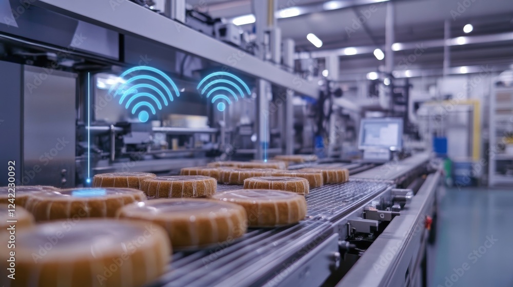 Poster cakes are moving on a conveyor belt inside a smart factory, being monitored by a cutting edge wirele