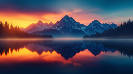 Fototapeta premium Majestic Mountain Reflection: A breathtaking panorama of snow-capped mountains reflected in a tranquil lake at sunset, painting the sky in a vibrant tapestry of orange, pink, and blue.