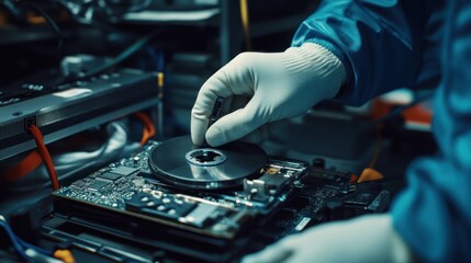 Naklejka premium Technician installing hard drive.