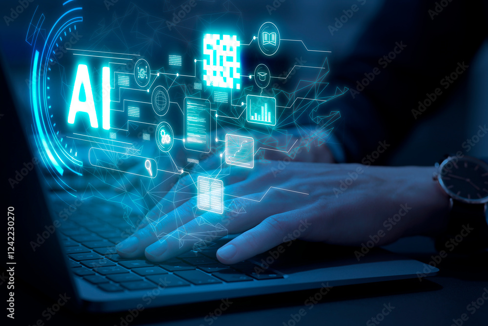 Poster artificial intelligence. woman using laptop at table, closeup. scheme with ai and other icons over c