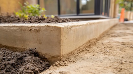 Close-up of Freshly Poured Concrete Edge with Soil and Plants