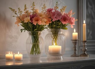 Ornate glass jar on a crystal shelf with candles and flowers, crystal, sophisticated