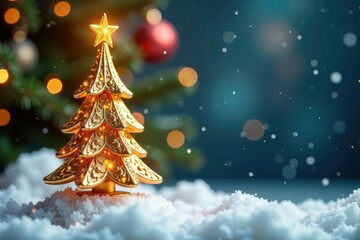 Obraz premium Ornate gold Christmas tree topper on snowy white base, sparkle,