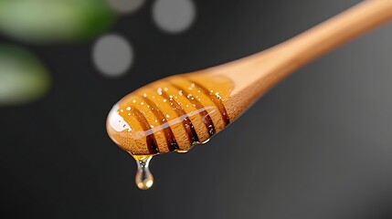 Close-up of a wooden honey dipper dripping golden honey against a blurred dark background