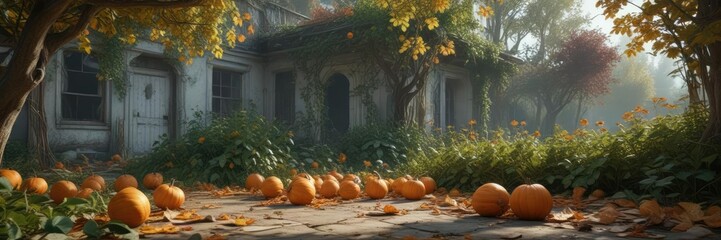 Overgrown pumpkin vines and fallen leaves in an abandoned garden, seasonal neglect, country ruin