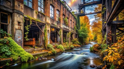 Fototapeta premium Nature reclaims abandoned structures; leaves and river flow past industrial decay in a gritty urban exploration.