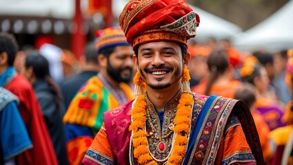 Fototapeta premium Joyful individual in traditional attire at cultural gathering
