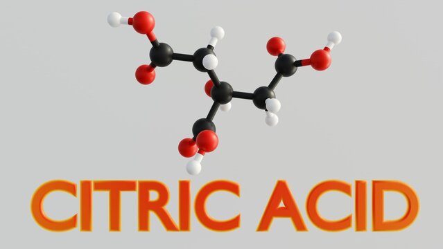 A 3D rendering of the structure of a citric acid molecule.  The tribasic nature contributes to its sour taste and its use as a natural preservative and flavor enhancer in foods and beverages.