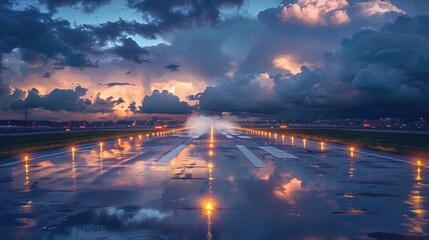 Airport runway glistening under heavy rain. Dramatic clouds and city lights reflect in the water. Runway lights guide the way. A breathtaking sight.
