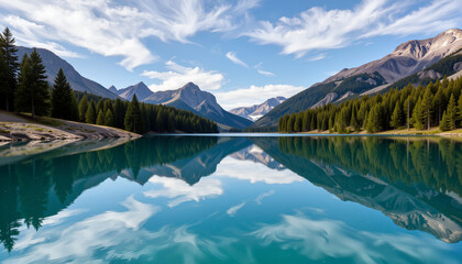 Stunning mountain lake reflecting clouds and trees, serene environment