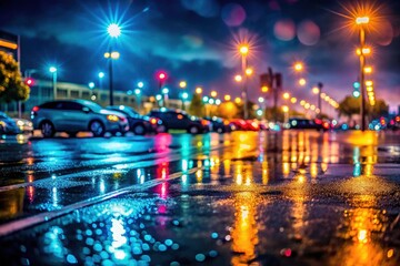 Naklejka premium Night's embrace: city lights paint reflections on the dark, still parking lot.