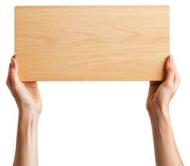 Hands holding a blank wooden board isolated on transparent background.