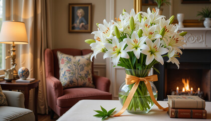 Easter lily bouquet in elegant sitting room, seasonal celebration