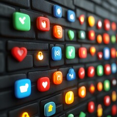 Colorful app icons on dark brick wall, digital background