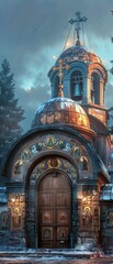 Obraz premium Ancient Byzantine cathedral at dawn. Patinated copper dome, ornate mosaic icons grace entrance. Morning mist veils bell tower. Dramatic lighting enhances scene.