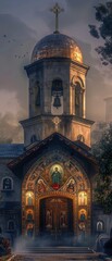 Obraz premium Ancient Byzantine cathedral at dawn. Patina-covered copper dome gleams. Intricate mosaic icons adorn the entrance. Morning mist shrouds the bell tower. Dramatic lighting enhances the scene.