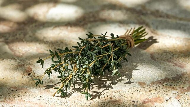 A small bundle of fresh thyme sprigs rests on a textured stone surface, casting shadows.