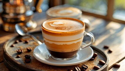 Luxurious latte with creamy froth in sunlit ambiance
