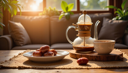 Traditional coffee pot and dates in warm indoor setting, Ramadan gathering